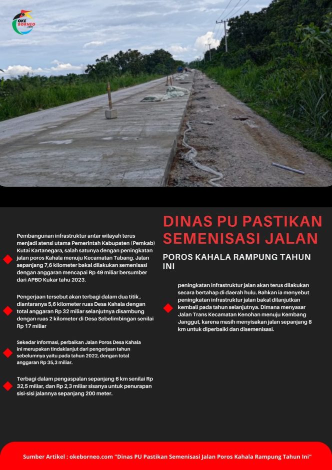 
Dinas PU Pastikan Semenisasi Jalan Poros Kahala Rampung Tahun Ini