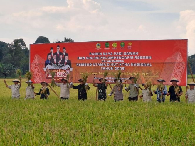 
Petani bersama peserta Rembug KTNA Nasional 2025 mengikuti panen raya padi sawah di Kelurahan Mangkurawang, Tenggarong, Sabtu (20/9/2025). (Angga/okeborneo.com)