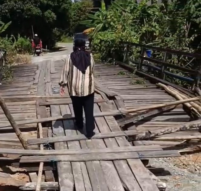 
Warga melintasi jembatan kayu Desa Sebuntal yang rusak dan berlubang, membahayakan pengguna jalan. (Angga/okeborneo.com)