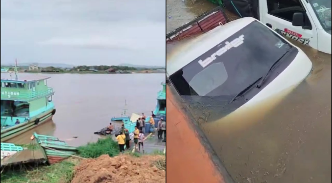 Kondisi kendaraan yang ikut tenggelam setelah kapal feri karam di Penyeberangan Sirbaya, Kecamatan Sebulu, Kutai Kartanegara. (Istimewa)