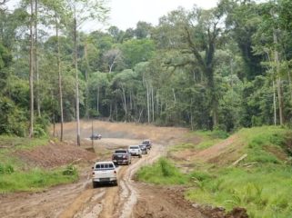Rombongan kendaraan melintas di ruas Jalan Tering–Ujoh Bilang yang menjadi akses darat menuju Mahakam Ulu. (Istimewa)