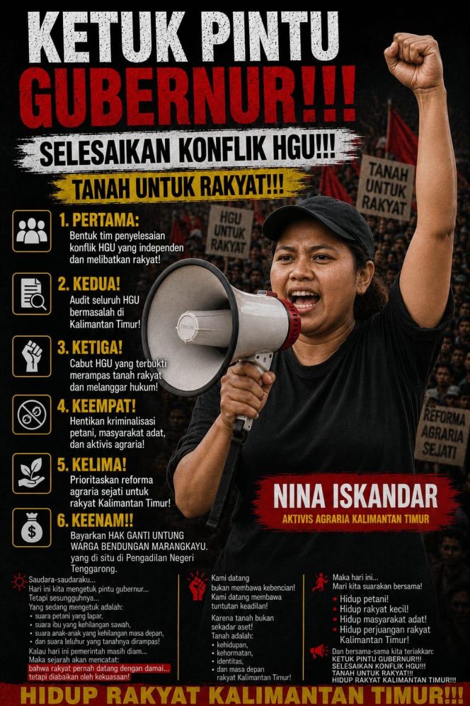 
Poster seruan aksi “Ketuk Pintu Gubernur” yang akan digelar warga terdampak sengketa HGU di Samarinda. (Istimewa)