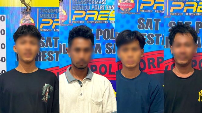 
Empat terduga pelaku pengeroyokan ABK TB Mahakam Indah diamankan Satpolairud Polresta Samarinda. Polisi menyebut peristiwa itu terjadi di perairan Sungai Mahakam, kawasan Harapan Baru, Samarinda, Senin, 29 Juni 2026. (Istimewa)