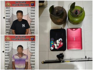 Dua tersangka dalam perkara dugaan pencurian dan penadahan yang ditangani Polsek Muara Kaman. Keduanya masih menjalani proses penyidikan. (Humas Polres Kukar/Istimewa)