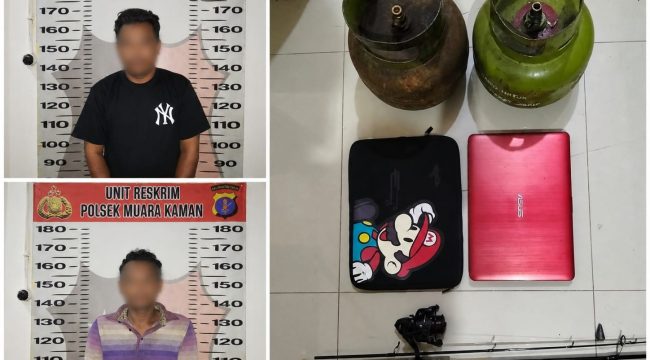 Dua tersangka dalam perkara dugaan pencurian dan penadahan yang ditangani Polsek Muara Kaman. Keduanya masih menjalani proses penyidikan. (Humas Polres Kukar/Istimewa)